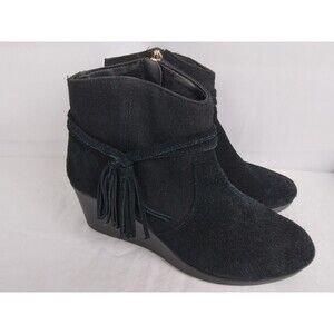 Crocs Leigh Tassel Wedge Ankle Leather Zip Bootie Suede Black Women's Size 6